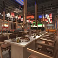 Korean Buffet Restaurant Interior With Colorful Lanterns Wooden Counter And Dining Tables