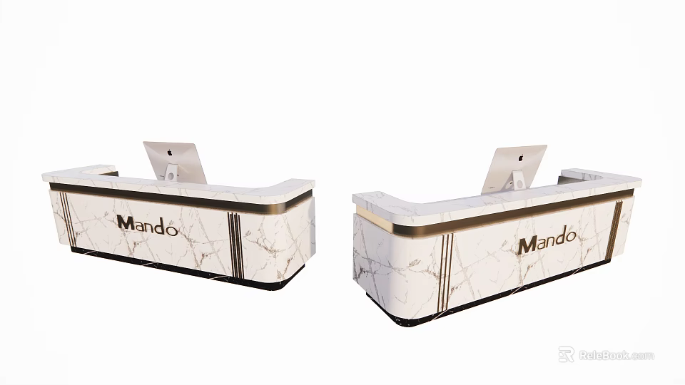 Modern Reception Desk With Marble Texture Gold Trim Mando Logo And Tablet Device 3d model 