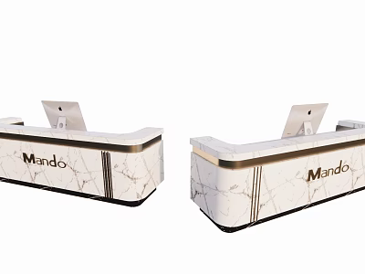 Modern Reception Desk With Marble Texture Gold Trim Mando Logo And Tablet Device 3d model