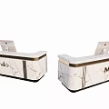 Modern Reception Desk With Marble Texture Gold Trim Mando Logo And Tablet Device