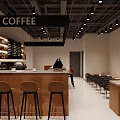 Modern Café Interior With Order Pick Up Areas Wooden Counter Bar Stools And Drinks Shelves