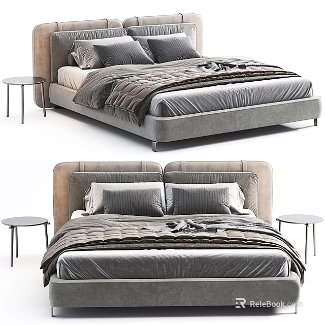 Elegant Modern Double Bed Interior With Grey Velvet Headboard Plush Bedding And Round Nightstands 3d model 