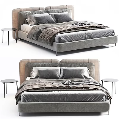 Elegant Modern Double Bed Interior With Grey Velvet Headboard Plush Bedding And Round Nightstands 3d model