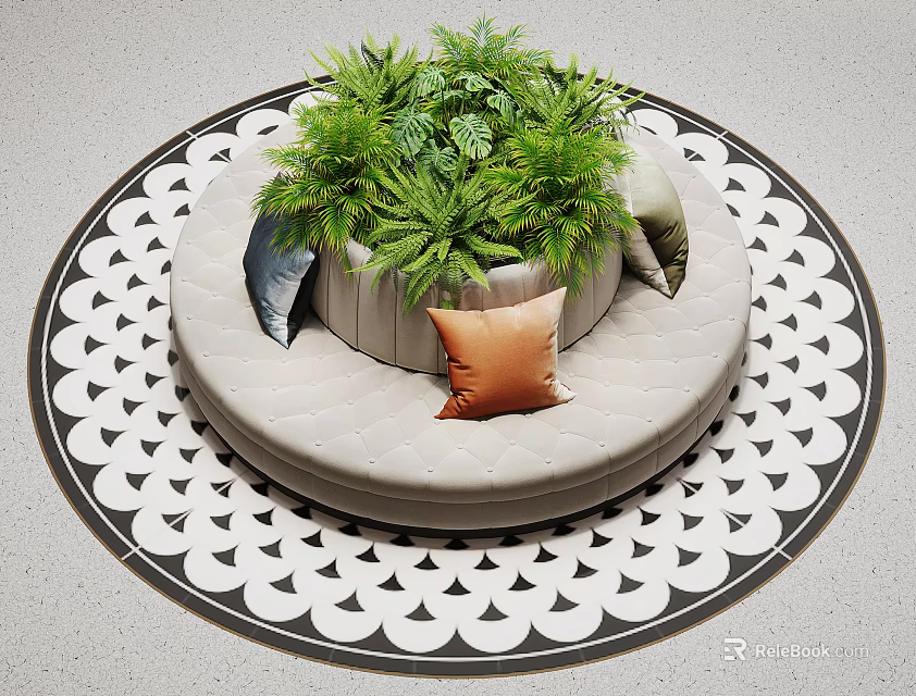 Round Public Chair With Green Plants And Colorful Cushions On Patterned Floor 3d model 