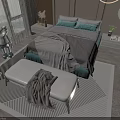 Modern Double Bed With Green Gray Bedding Nightstand Vase Bench Striped Rug And Window View