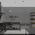 Commercial Kitchen Setup With Stainless Steel Stove Range Hood And Storage Racks