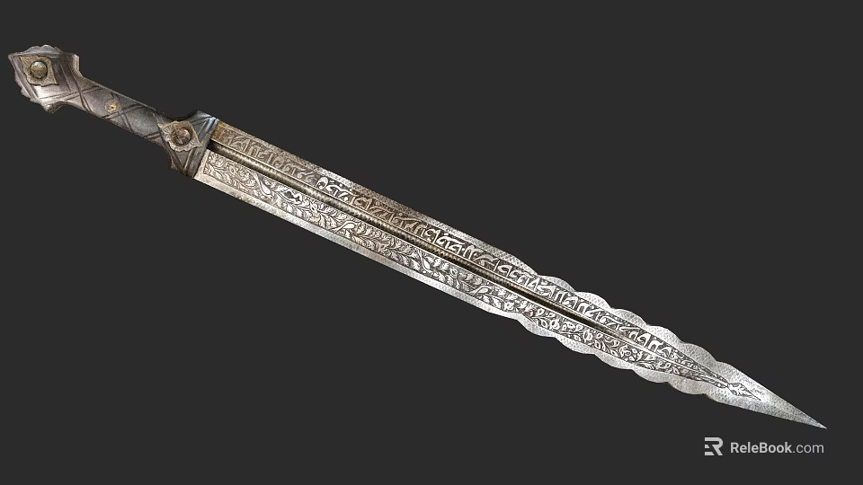 Ornate Historical Sword With Intricate Carved Blade Patterns And Decorative Hilt 3d model 