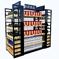 Multitiered Retail Display Shelf With Metal Frame Wooden Shelves And Assorted Snack Foods