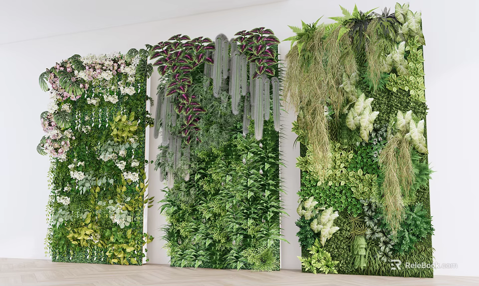 Indoor Living Plant Wall with Diverse Green Plants Hanging Vines and Decorative Flowers 3d model 