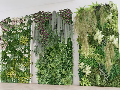 Indoor Living Plant Wall with Diverse Green Plants Hanging Vines and Decorative Flowers 3d model