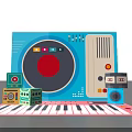 Vibrant Photo Spot With Blue Device Red Circular Button Social Media Icons And Keyboard Mat