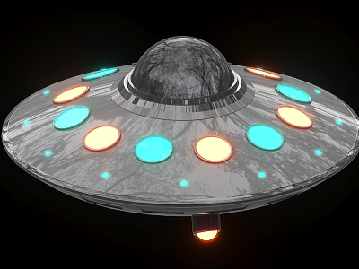 Flying Saucer UFO With Glowing Colored Lights And Metallic Dome Structure 3d model