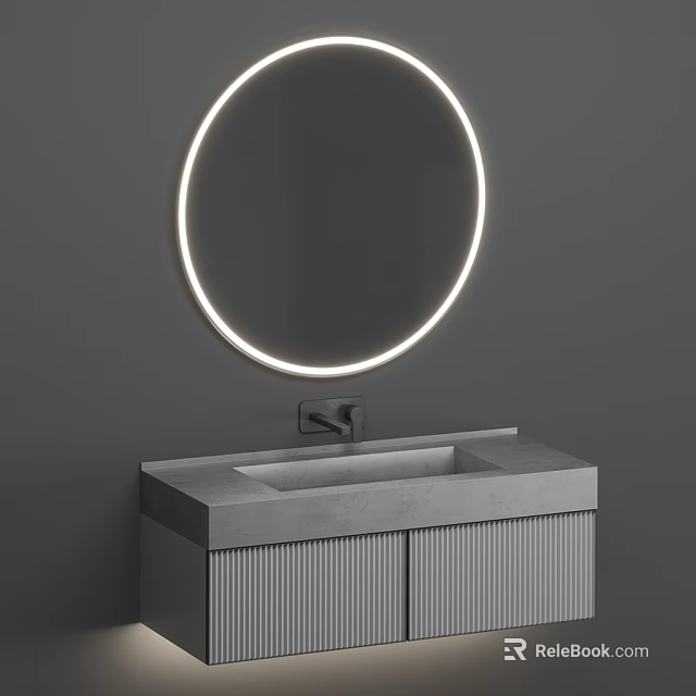 Modern Bathroom Vanity With Round Backlit Mirror Stone Countertop And Textured Doors 3d model 