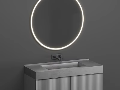 Modern Bathroom Vanity With Round Backlit Mirror Stone Countertop And Textured Doors 3d model