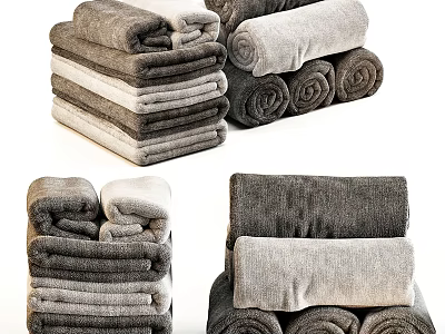 Soft Gray Towels Stacked and Rolled in Various Styles for Bathroom Decor 3d model