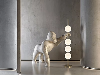 Marble Gorilla Sculpture With Gold Lamp Stand And White Spheres In Modern Interior 3d model