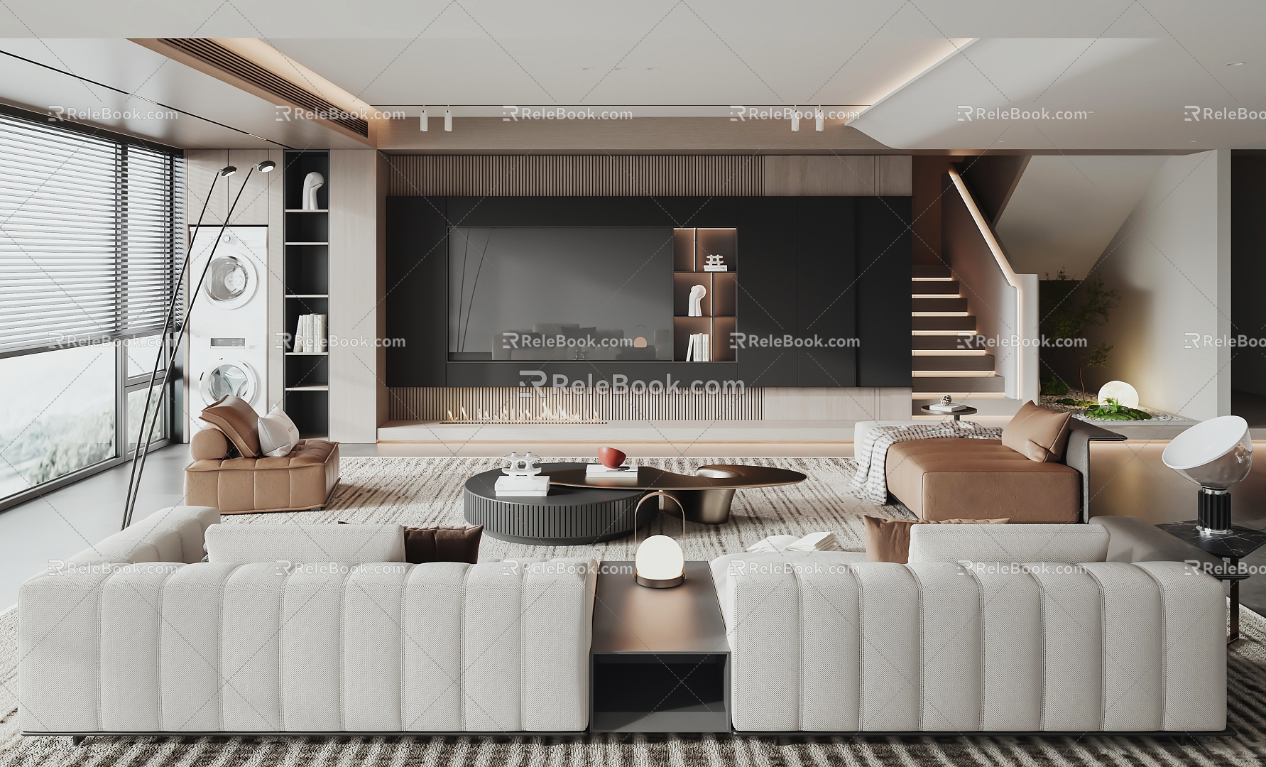 Modern Living Room Large Flat Floor Living Room Duplex Living Room Sofa Coffee Table Combination TV Background Wall 3d model