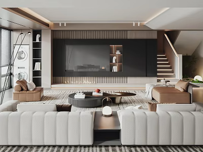 Modern Living Room Interior With White Brown Sofas TV Wall Rug And Staircase 3d model
