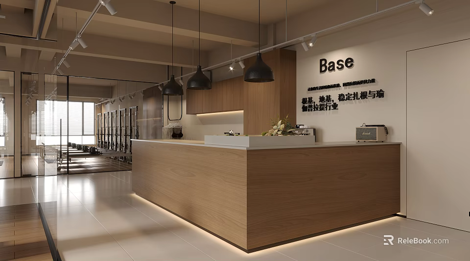 Modern Minimalist Office Reception With Wooden Counter And Pendant Lights 3d model 