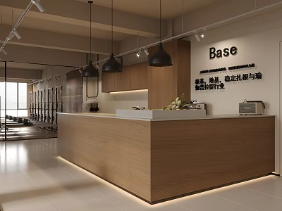 Modern Minimalist Office Reception With Wooden Counter And Pendant Lights 3d model