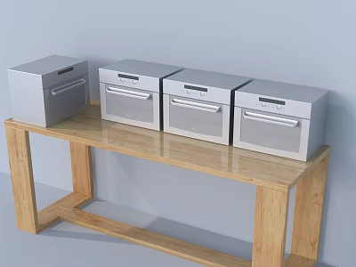 Four Silver Kitchen Appliances Placed On Wooden Table For Kitchen Use 3d model