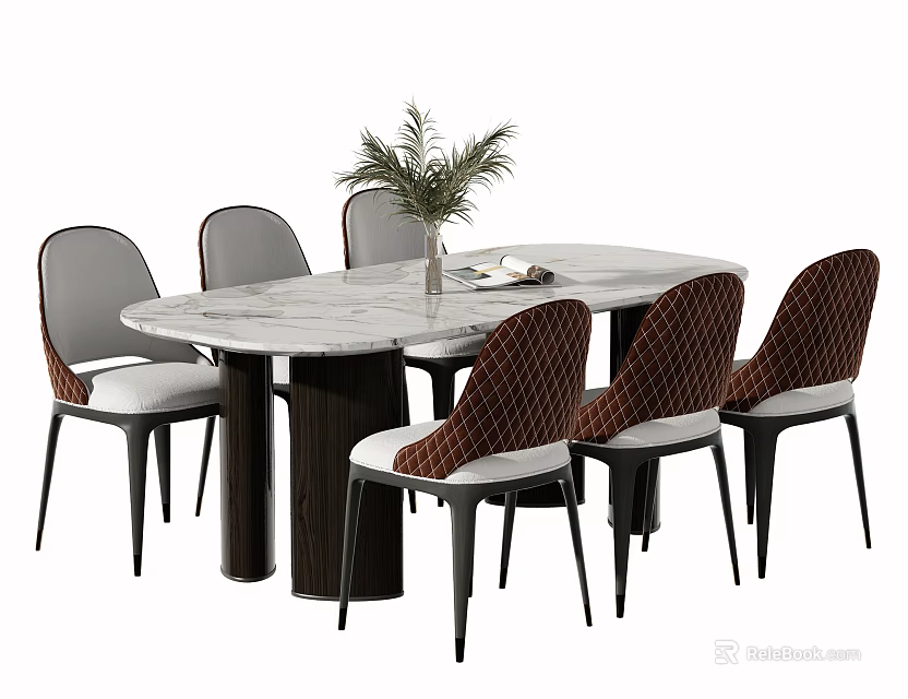 Modern Dining Table Set With Oval Marble Top Six Upholstered Gray Brown Chairs Black Legs 3d model 