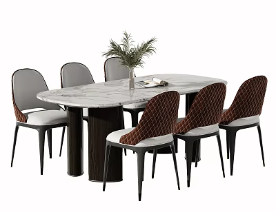 Modern Dining Table Set With Oval Marble Top Six Upholstered Gray Brown Chairs Black Legs 3d model
