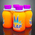 SLAP SPLASH Orange Drink Bottles With Purple Caps And Sun Logo Design