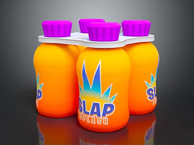 SLAP SPLASH Orange Drink Bottles With Purple Caps And Sun Logo Design 3d model