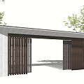 Contemporary Entrance Gate With Wooden Lattice Design And Concrete Walls Surrounded By Trees