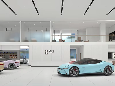 Modern 4S Store Showroom Interior With Sports Cars Display And White Walls Design 3d model