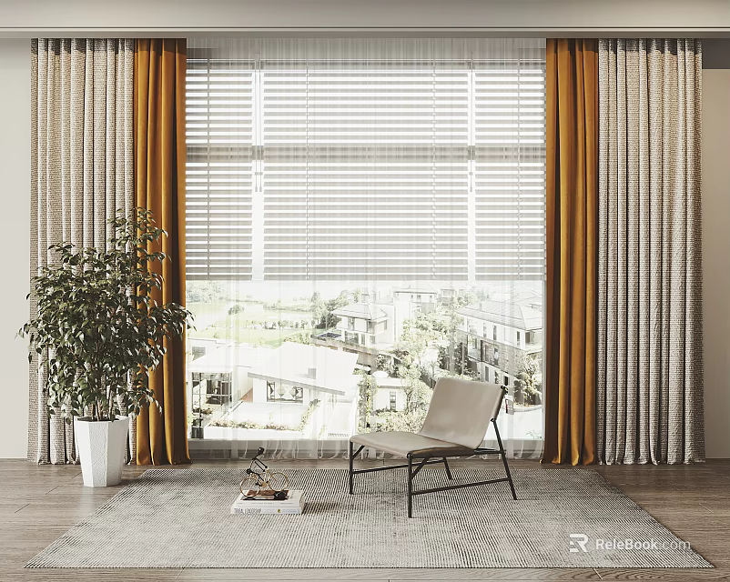 Beige And Orange Striped Curtains In Living Room With Window Blinds Armchair And Potted Plant 3d model 