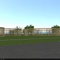 Modern Curved Pergola Structure With Metal Frame On Green Lawn And Seating Space