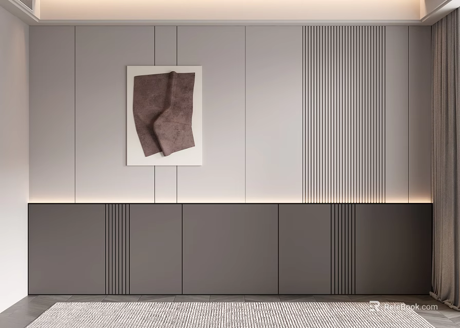 Elegant Gray Bedroom Accent Wall With Framed Artwork And Dark Vertical Striped Cabinets 3d model 