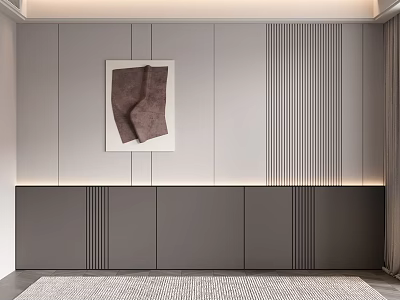 Elegant Gray Bedroom Accent Wall With Framed Artwork And Dark Vertical Striped Cabinets 3d model
