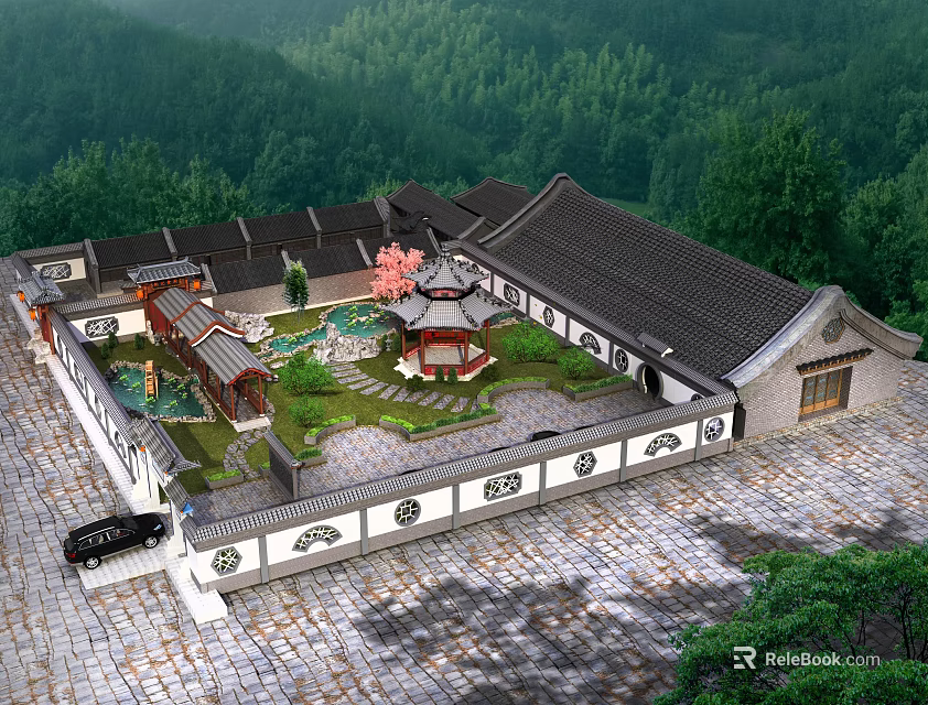 Ancient Chinese Architecture Traditional Courtyard With Central Pavilion Surrounded By Mountain And Green Trees 3d model 