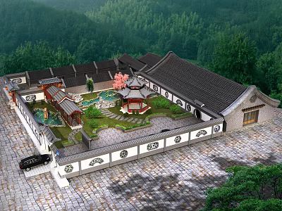 Ancient Chinese Architecture Traditional Courtyard With Central Pavilion Surrounded By Mountain And Green Trees 3d model