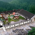 Ancient Chinese Architecture Traditional Courtyard With Central Pavilion Surrounded By Mountain And Green Trees