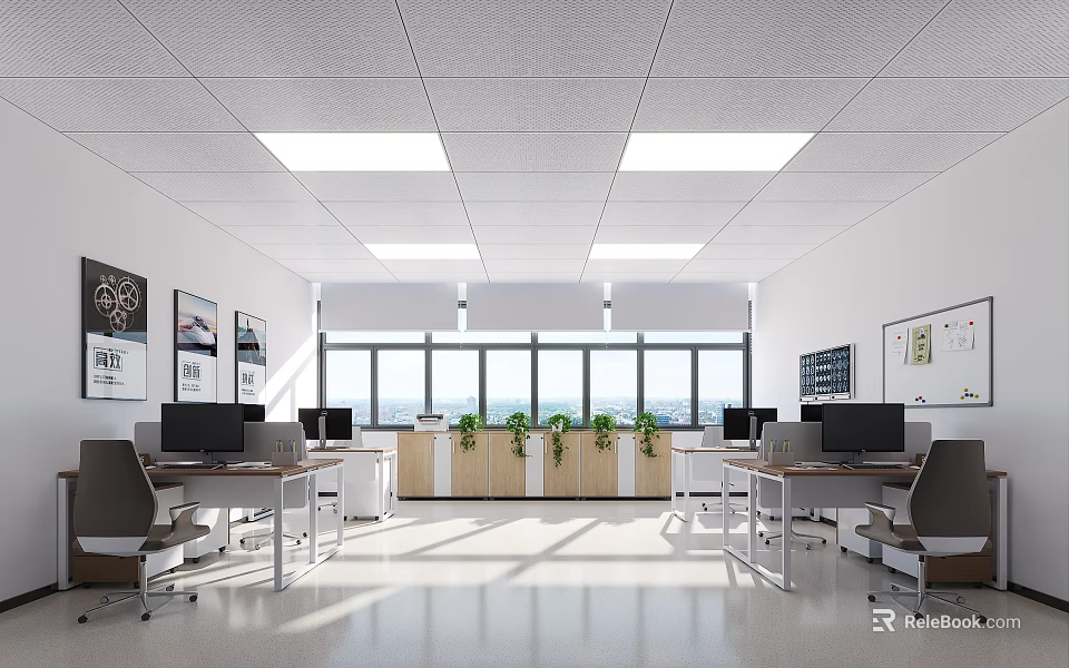 Spacious Public Office Space With Desks Computers Green Plants And Bright Windows 3d model