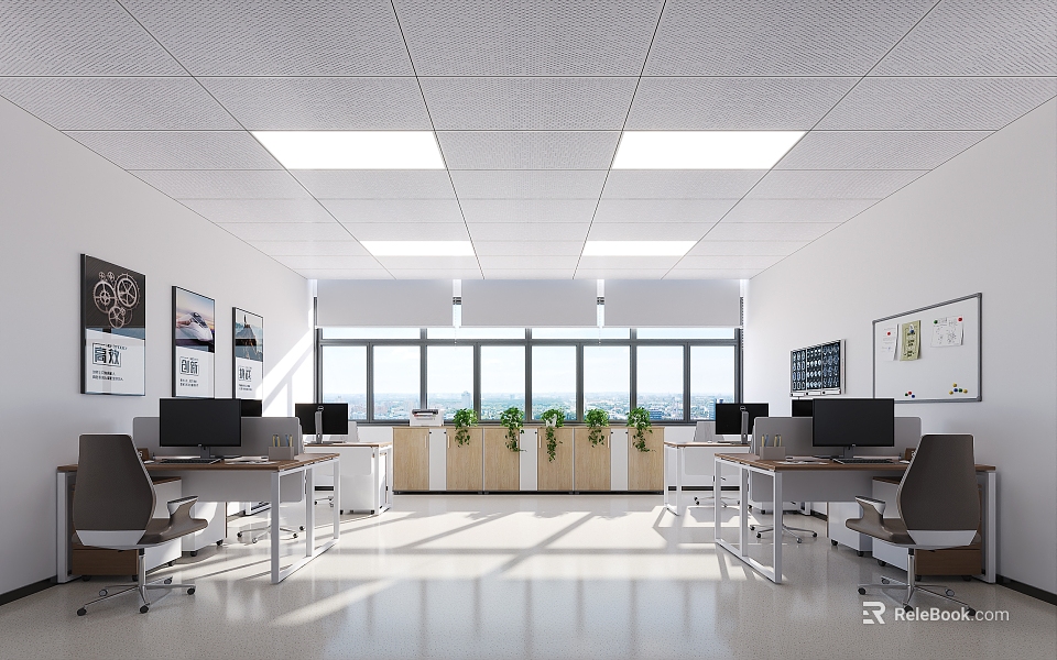 Spacious Public Office Space With Desks Computers Green Plants And Bright Windows 3d model 