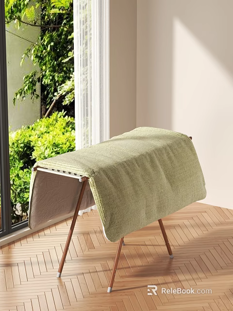 Home Balcony With Folding Clothes Drying Rack Green Cloth White Curtains And Outdoor Green Plants 3d model 