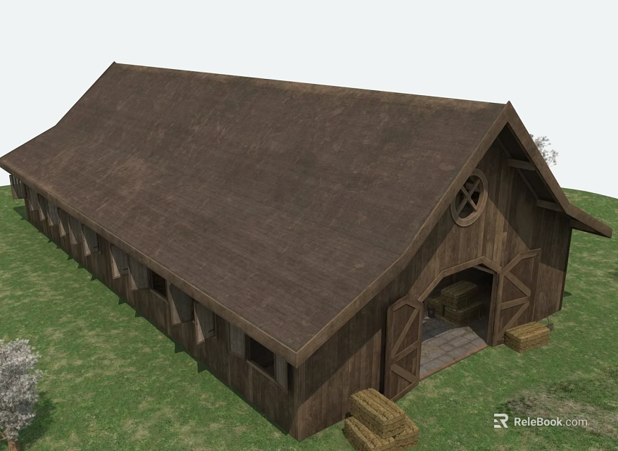 Rustic Wooden Barn With Brown Roof In Green Grassy Field And Hay Bales 3d model 