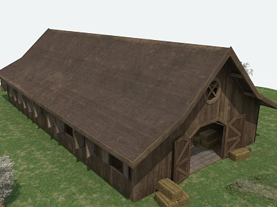 Rustic Wooden Barn With Brown Roof In Green Grassy Field And Hay Bales 3d model