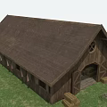 Rustic Wooden Barn With Brown Roof In Green Grassy Field And Hay Bales