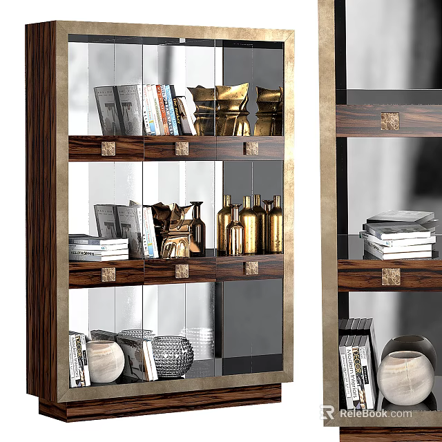 Modern Wooden Storage Cabinet Shelf With Books Decorative Bottles And Metal Accents 3d model 