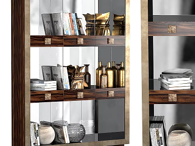 Modern Wooden Storage Cabinet Shelf With Books Decorative Bottles And Metal Accents 3d model