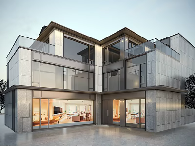 Modern Townhouse Exterior Design With Large Glass Windows Balconies And Stone Facade 3d model