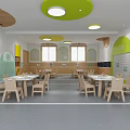 Cozy Kindergarten Interior With Wooden Beds Colorful Wall Decor And Striped Walls