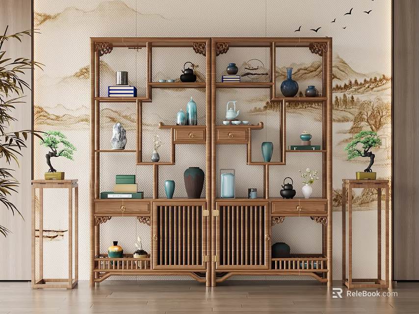 Traditional Wooden Chinese Display Shelf With Tea Sets Vases And Books 3d model 