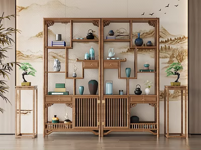 Traditional Wooden Chinese Display Shelf With Tea Sets Vases And Books 3d model